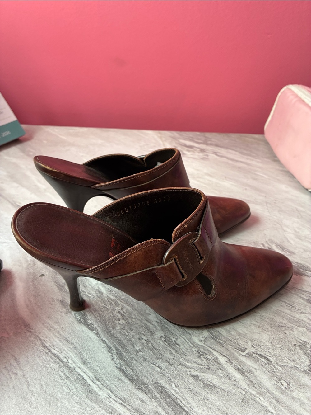 Salvatore Ferragamo Brown Leather Pointed-Toe Mule Heels